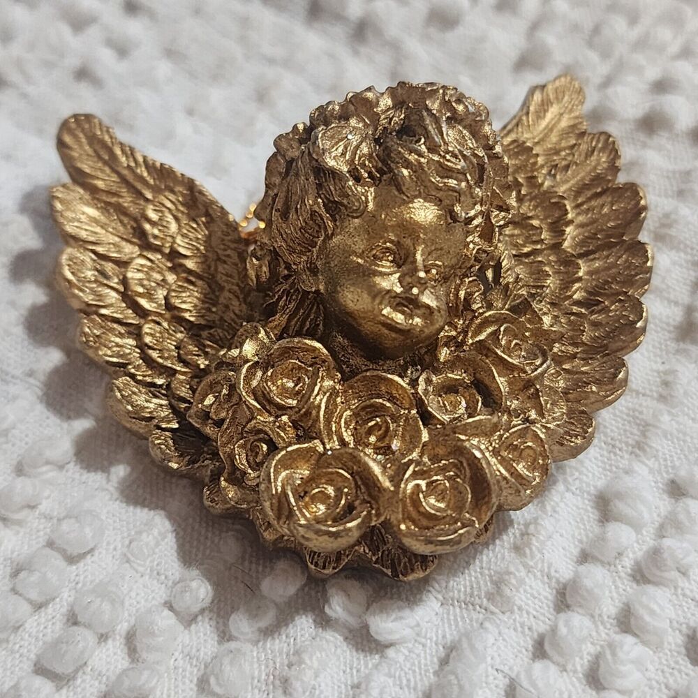 Rare Vintage 3D Cherub Angel Face & Wings Rose Flowers Art Gold Wall Hangings